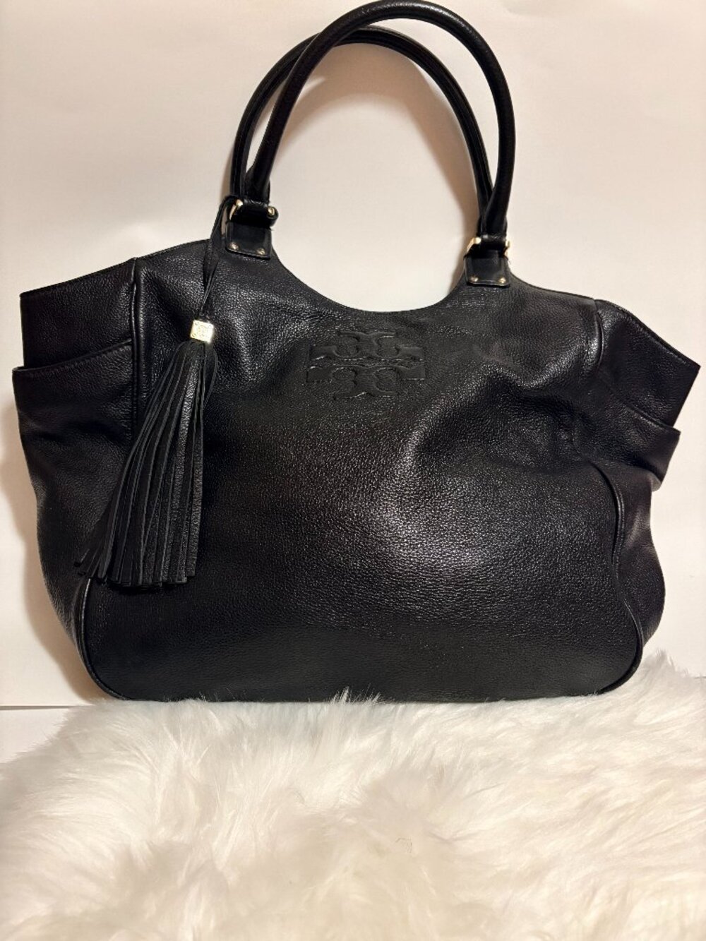 Tory Burch Thea Slouchy Pebbled Leather Tote Black Tassel Shoulder Bag